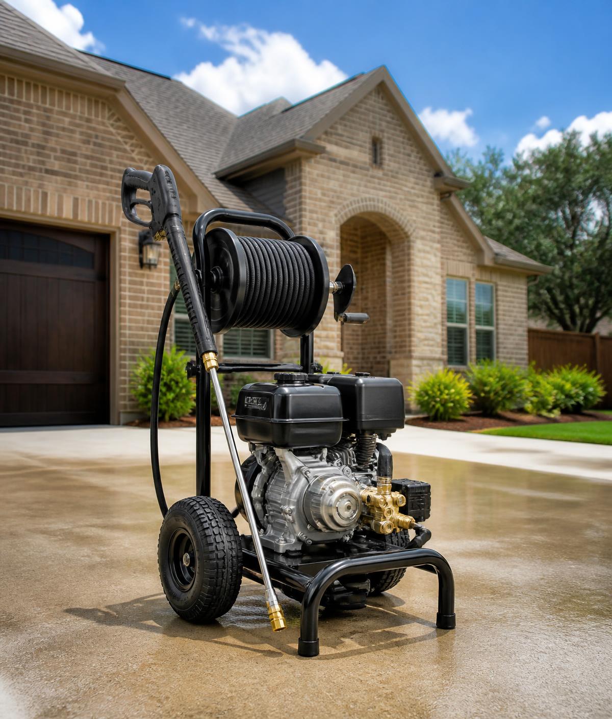 Professional pressure washing equipment ready for a job at a San Antonio home