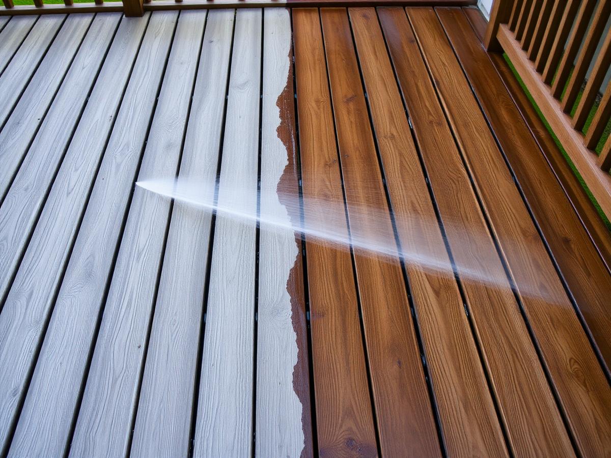 Wooden deck half restored by pressure washing