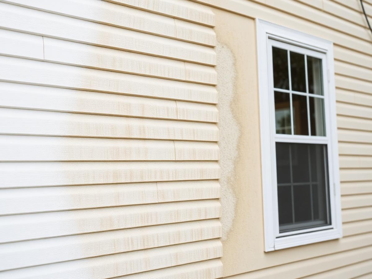 House siding half cleaned showing bright white panels beside stained siding
