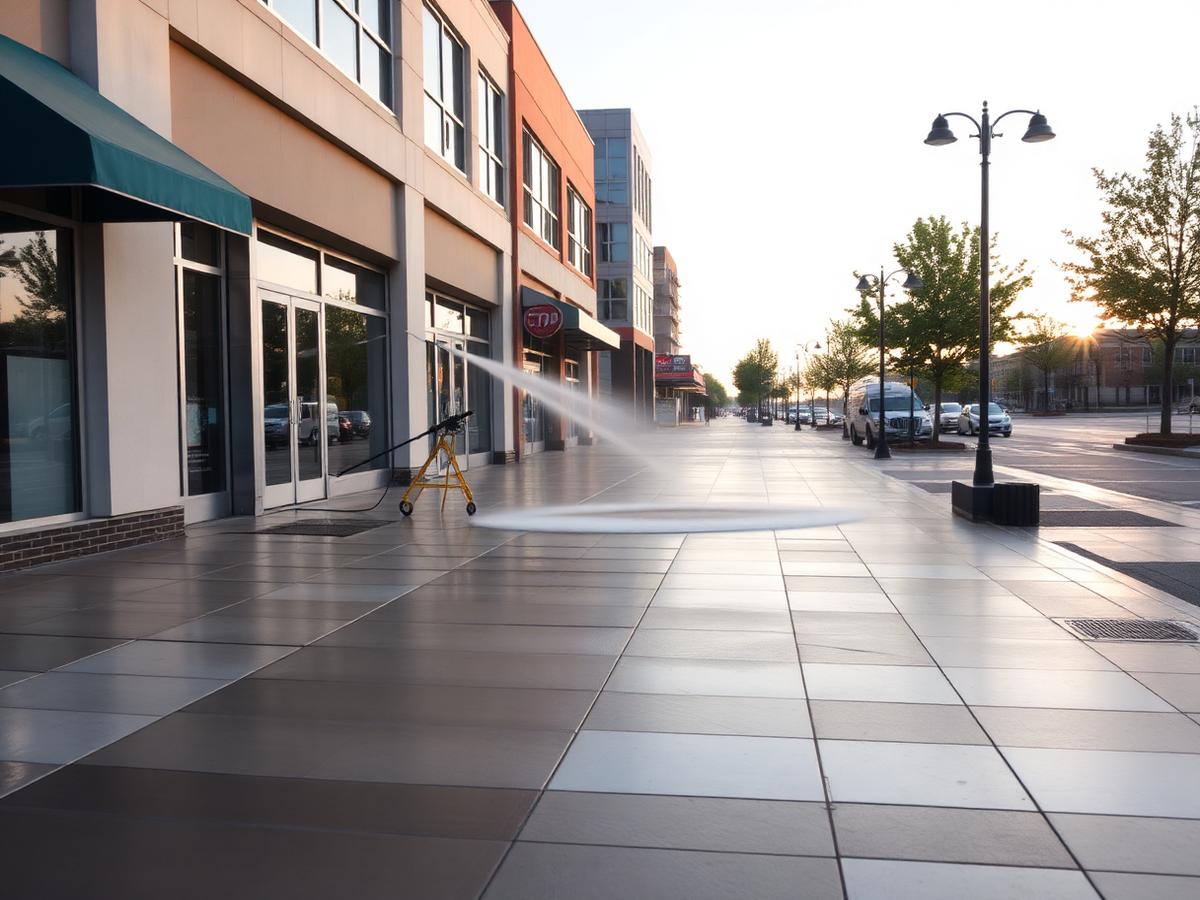 Commercial storefront walkway being pressure washed