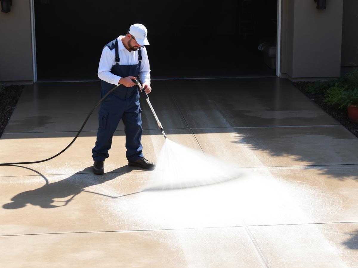 Technician pressure washing a residential driveway